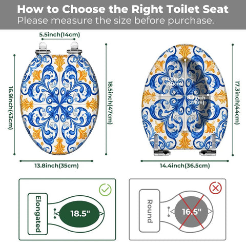 Toilet Seat Elongated Resin for Bathroom dimensions guide with colorful design, showing sizes and fit options.