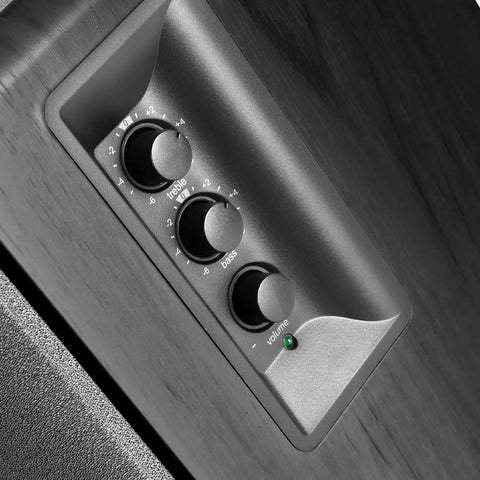 Close-up of EQ controls on R1280T Powered Bookshelf Speakers For Studio Monitoring 2.0 Active Near Field Monitors