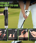 2 In 1 Golf Grip Trainer And Swing Stabilizer With Arm Band For Correct Grip And Arm Positioning Fixes Grip Posture And Locks Elbow For Consistent Shots Pro Level Golf Accessory For Men And Women in use on a golf course with instructional steps.