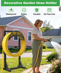 Heavy Duty Metal Garden Hose Holder And Hanger Freestanding Water Hose Storage Rack with dual tool hooks in use outdoors