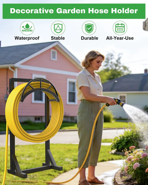 Heavy Duty Metal Garden Hose Holder And Hanger Freestanding Water Hose Storage Rack with dual tool hooks in use outdoors