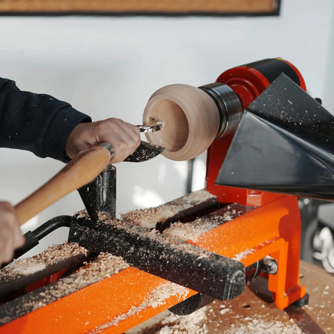 Hollowing Tool For Woodturning With Carbide Tipped Round Blade Large Curved Cutter Beech Handle in action on wood lathe