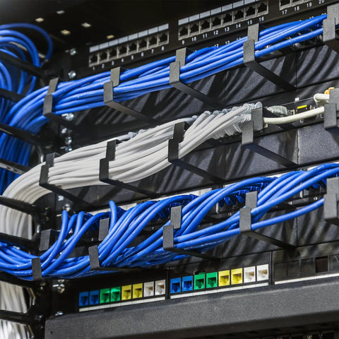 Dope 500 Foot Cat6 Bulk Ethernet Cable 23 AWG CCA UTP Indoor Network Cable Gray in server rack with blue cables