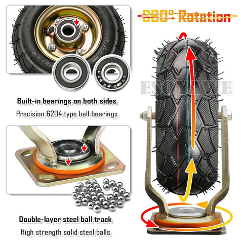 Beefy 8 Inch Swivel Casters With Top Plate And Brake Set Of 4 Pneumatic Rubber Wheels showing 360-degree rotation and ball bearings.