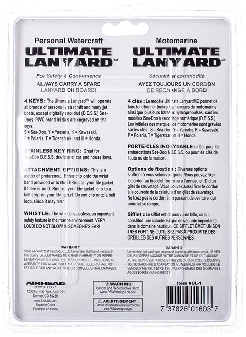 Ultimate PWC Lanyard Kit packaging showing instructions and features in English and French with barcode at the bottom.