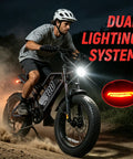 Man riding All Terrain Electric Fat Tire Dirt Bike For Adults And Teens With 35 MPH Top Speed 1500W Peak Motor 52V 20.8Ah Removable Battery 7 Speed Gears 20x4.0 Fat Tires For City Beach Snow And Trail Riding That Crushes Any Terrain at dusk