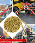 Heavy Duty Ratchet Chain Binder Set 2 Pack With G80 Chains One Quarter To Five Sixteenths Inch Twelve Foot Length Built Tough Secure Load Up To Three Thousand One Hundred Fifty Pounds Tie Down Hauling Chains For Flatbed Trucks And Trailers demonstration and applications