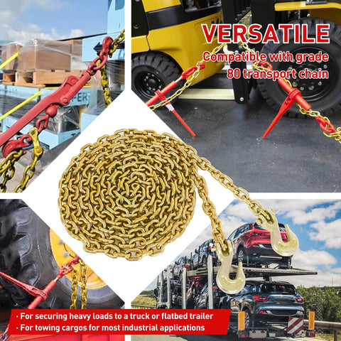 Heavy Duty Ratchet Chain Binder Set 2 Pack With G80 Chains One Quarter To Five Sixteenths Inch Twelve Foot Length Built Tough Secure Load Up To Three Thousand One Hundred Fifty Pounds Tie Down Hauling Chains For Flatbed Trucks And Trailers demonstration and applications