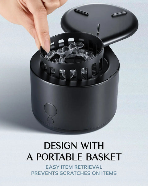 45kHz Ultrasonic Retainer Cleaner With UV Sterilization For Dental Appliances showing twist-to-open lid and basket insert.