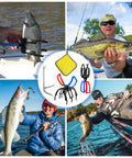 Collage featuring Triple Pack Fish Grippers with 2-3 Claw Design, fishermen using tools with various fish, and hook remover in center.
