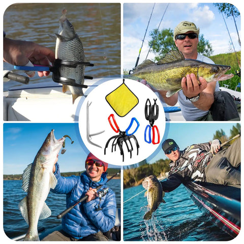 Collage featuring Triple Pack Fish Grippers with 2-3 Claw Design, fishermen using tools with various fish, and hook remover in center.