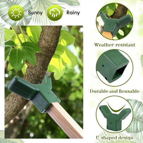 16 Piece Tree Support Kit for Fruit Trees and Vines, Plastic Branch Braces to Prevent Breakage, Fits Standard 1.57 By 1.57 Inch Lumber, A Handy Garden Hack for Backyards, Orchards And Vineyards, Includes Screws, Green; green U-shaped brace on tree trunk
