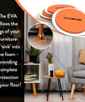8 Piece Heavy Furniture Sliders Set With Large And Small Pads For Moving Couches Sofas Beds And Appliances On Carpet Hardwood Or Tile Reusable Floor Protectors Orange, shown under table legs in a living room.
