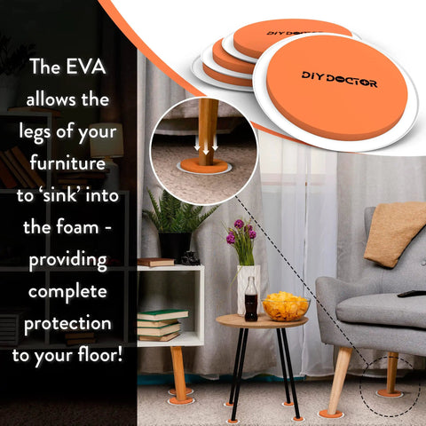 8 Piece Heavy Furniture Sliders Set With Large And Small Pads For Moving Couches Sofas Beds And Appliances On Carpet Hardwood Or Tile Reusable Floor Protectors Orange, shown under table legs in a living room.