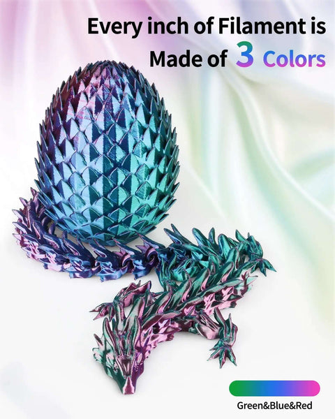 Tri Color Silk PLA Filament 1.75mm 1Kg For 3D Printing dragon and egg model with rainbow red blue green gradient, 0.02mm tolerance