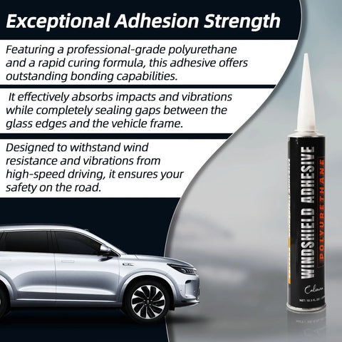 Windshield Repair Kit With Polyurethane Adhesive For Car Glass Chips And Cracks Quick Cure Weather Resistant Sealant 310ml With Gloves No Sag Bond For A Strong Hold And Safe Driving tube with car in background
