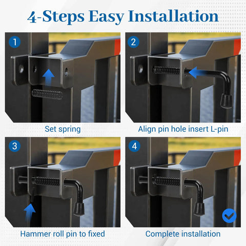 4-step installation guide for Quality Life 819T Trailer Gate Spring Pin Latch Kit 8.5in Black-2pack with clear visuals.