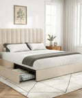 Snag This Premium Full Size Velvet Upholstered Bed Frame With Four Roomy Roll Out Drawers And Cozy Padded Headboard Featuring Rock Solid Wood Slats To End Your Box Spring Shopping Stress Fast with beige upholstery and storage.