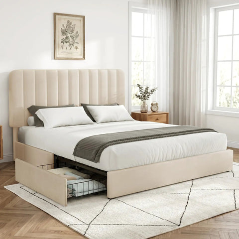 Snag This Premium Full Size Velvet Upholstered Bed Frame With Four Roomy Roll Out Drawers And Cozy Padded Headboard Featuring Rock Solid Wood Slats To End Your Box Spring Shopping Stress Fast with beige upholstery and storage.
