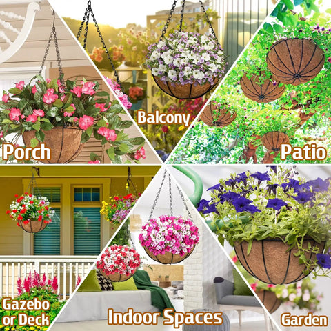 2 Pack 14 Inch Hanging Baskets For Plants Outdoor With Coco Liner, Metal Wire Round Planters displayed on porch and garden