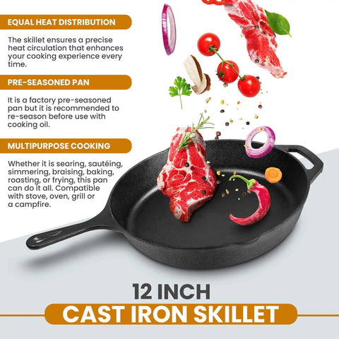 12 Inch Cast Iron Skillet With Lid Pre Seasoned Chef Pan For Indoor And Outdoor Cooking Even Heat Distribution