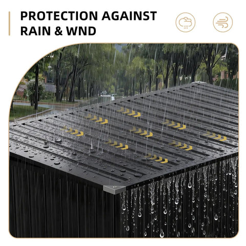 Rain pouring on black waterproof metal outdoor storage shed with chain lid, showcasing weatherproof protection in garden area.