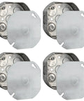 Four Pack Octagon Steel Electrical Junction Boxes With Knockout Covers, 4x4 drawn metal box, UL listed, commercial use