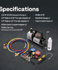 Knockout Performance One Third Hp Five Cfm Ac Vacuum Pump And Four Way Manifold Gauge Set With R134a Couplers Can Taps Color Coded Hoses