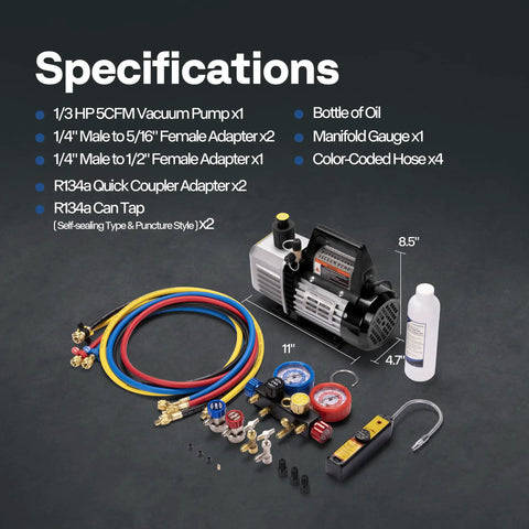 Knockout Performance One Third Hp Five Cfm Ac Vacuum Pump And Four Way Manifold Gauge Set With R134a Couplers Can Taps Color Coded Hoses