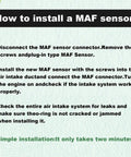 Installation steps for Toyota 22204-21010 Mass Air Flow Sensor, including disconnecting MAF connector and checking for leaks.