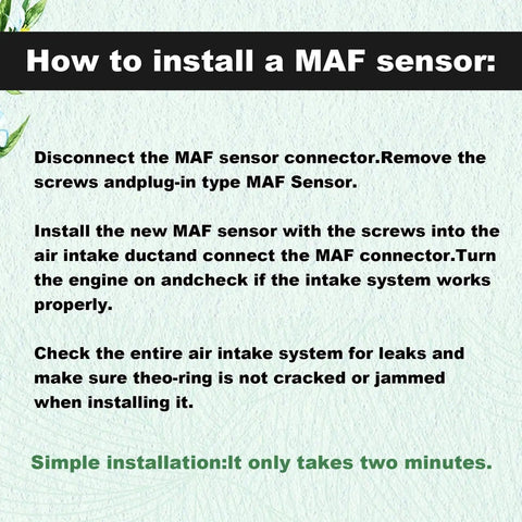 Installation steps for Toyota 22204-21010 Mass Air Flow Sensor, including disconnecting MAF connector and checking for leaks.