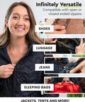 Image showing versatile uses of the Instant Zipper Repair Kit For Plastic Zippers 1 Pc Black L5, including shoes, luggage, and sleeping bags.