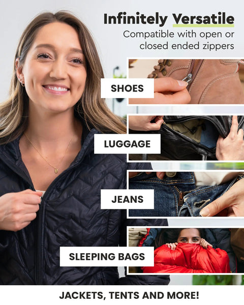Two Pack Waterproof Zipper Repair Kit Replacement Slider For Outdoor Jackets Dry Bags Camping Gear And Tech Cases Easy To Install No Tools No Sewing Fast Fix In Under 30 Seconds Made In Germany showing versatile use on various gear.