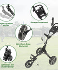 3 Wheel Foldable Golf Push Cart Ultra Lightweight with height adjustable handle, quick foot-brake, and storage compartment.