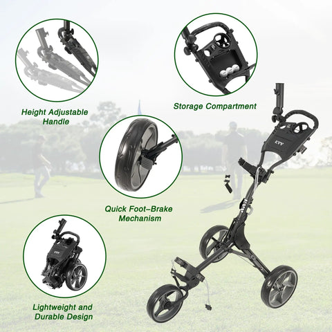 3 Wheel Foldable Golf Push Cart Ultra Lightweight with height adjustable handle, quick foot-brake, and storage compartment.