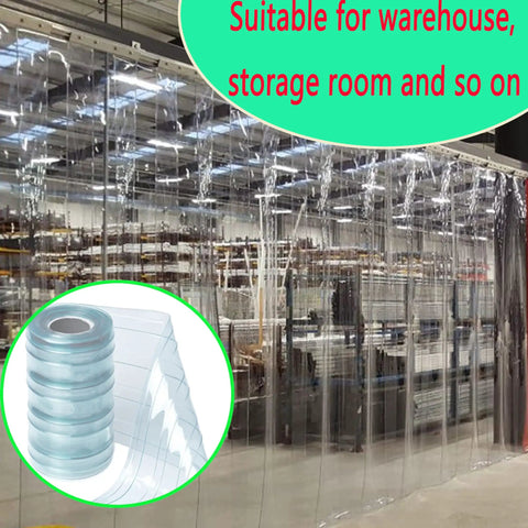 Rock Solid Clear PVC Strip Curtains For Warehouse Freezer Doors Easy Cut Insulated Vinyl Flaps in storage area.