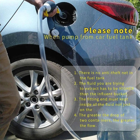 Heavy Duty Liquid Sucker Hand Pump With Large Bore Ball Valves And High Flow Hoses transferring fuel from a car tank.