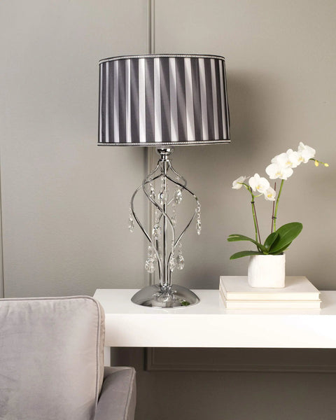 Crystal Table Lamp With Black And White Shade 30.5 Inch Tall Twisted Metal Frame With Hanging Crystals UL Listed