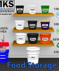 Various sizes of sealed storage buckets labeled for food on shelves, including a 5 Gallon Airtight Bucket With Gasket Lid stackable set.