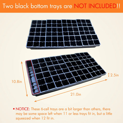 Top view of 30 Pack 6 Cell Seed Starting Trays For Seedlings With Drainage Holes Black, showing tray dimensions and details.