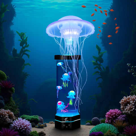 LED Fantasy Jellyfish Lamp With Color Changing Lights For A Chill Sensory Aquarium Mood Vibe 15 Inch Tall Dope Ambient Night Light For Adults Realistic Synthetic Tank Decor in vibrant underwater setting