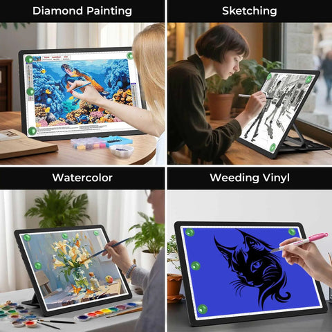 Rechargeable A3 Light Pad With Built In Stand And Bag for Tracing Diamond Painting and Drawing, shown in use with various crafts.