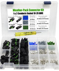 Heavy Duty Weather Pack Connector Kit With Male And Female Quick Disconnect Terminals For 10 To 20 Gauge Wiring And 20 Amp Circuits Including Color Coded Sealer Caps And Durable Housing Towers For Reliable Car Audio Or Engine Wiring Jobs. Open case with assorted terminals
