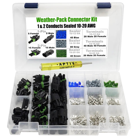 Heavy Duty Weather Pack Connector Kit With Male And Female Quick Disconnect Terminals For 10 To 20 Gauge Wiring And 20 Amp Circuits Including Color Coded Sealer Caps And Durable Housing Towers For Reliable Car Audio Or Engine Wiring Jobs. Open case with assorted terminals