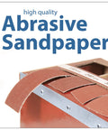 Front view of emery cloth sandpaper rolls in a red boxed multi-roll abrasive dispenser with stacked strips.