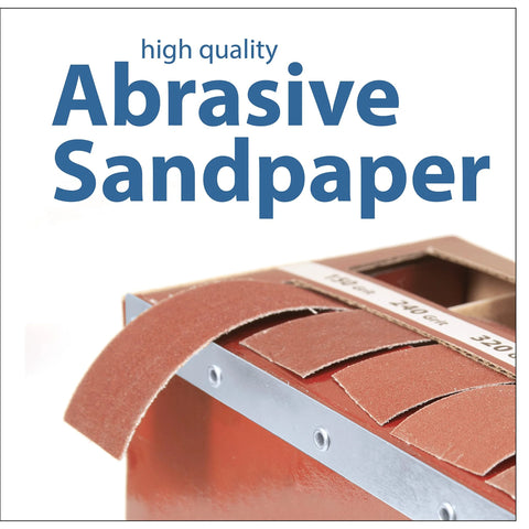 Front view of emery cloth sandpaper rolls in a red boxed multi-roll abrasive dispenser with stacked strips.