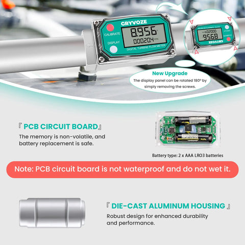 1 Inch Digital Turbine Fuel Flow Meter Inline NPT, 2.6-26 GPM, With 3/4 Inch Adapters, electronic display screen, dry use only