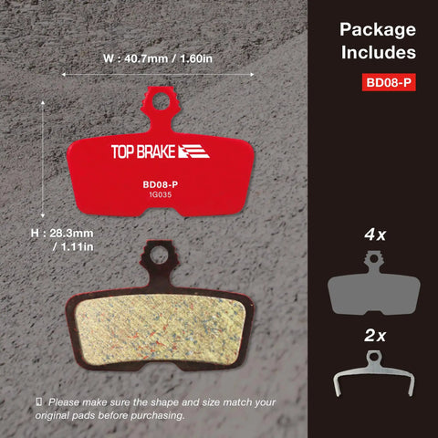 Two Pairs Disc Bike Brake Pads For Sram Code R RS RSC Guide with red pad dimensions and package contents shown
