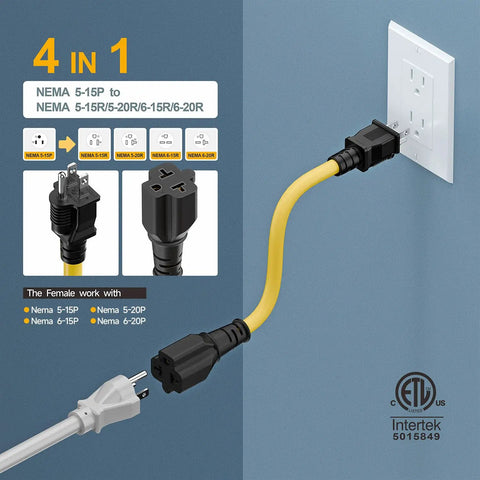 One Foot Nema 5-15P To 6-20R Electric Vehicle Charging Adapter Cable 12Awg Heavy Duty Power Extension Cord connected to wall outlet.