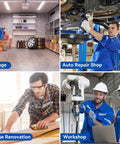 Garage and workshop montage with tools, auto repair, woodwork, and machine use in industrial and home settings.